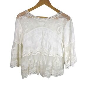 LACE Sheer Blouse Top Crochet Trim Bell 3/4 Sleeve Elegant BOHO Medium  Fairy